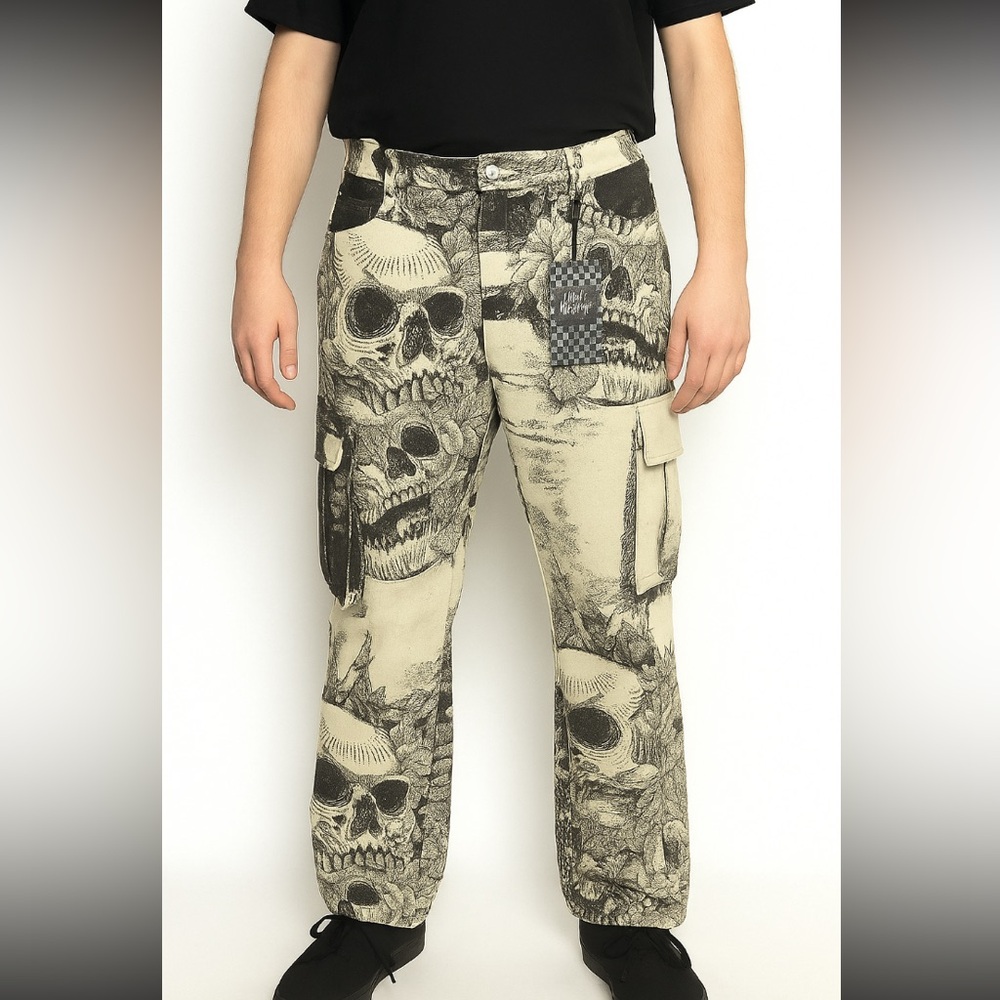 NWT Rebel Vengeance Men's Tapestry Skull Cargo Pants Skeleton Fringe Goth 28